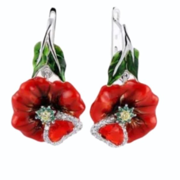 Floral Enamel Pendant Necklace set Red Zircon Silver Chain Dangle Earrings - Picture 11 of 11